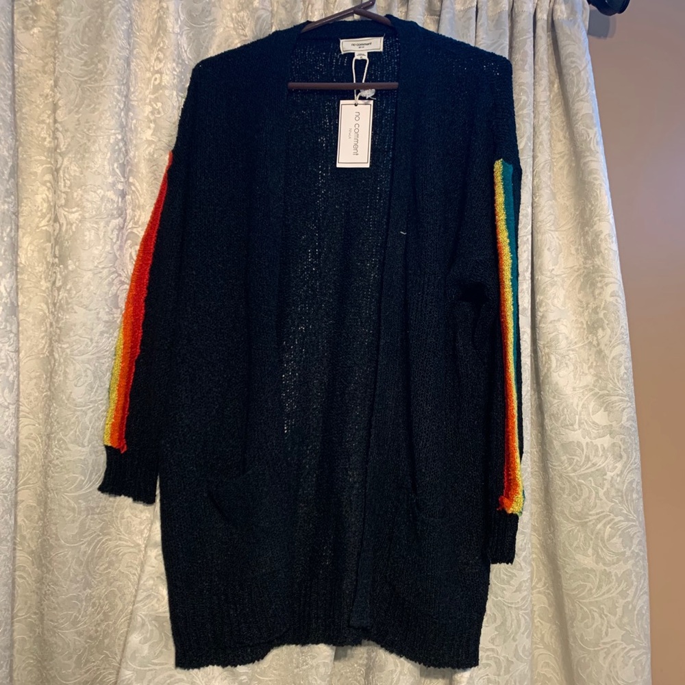 No Comment Black Sweater with Rainbow Print Sleeve